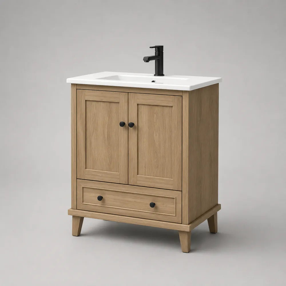 Mobile bagno a terra sottolavabo con lavabo in ceramica e miscelatore nero in MDF effetto rovere naturale 80 x 45 x 85 cm