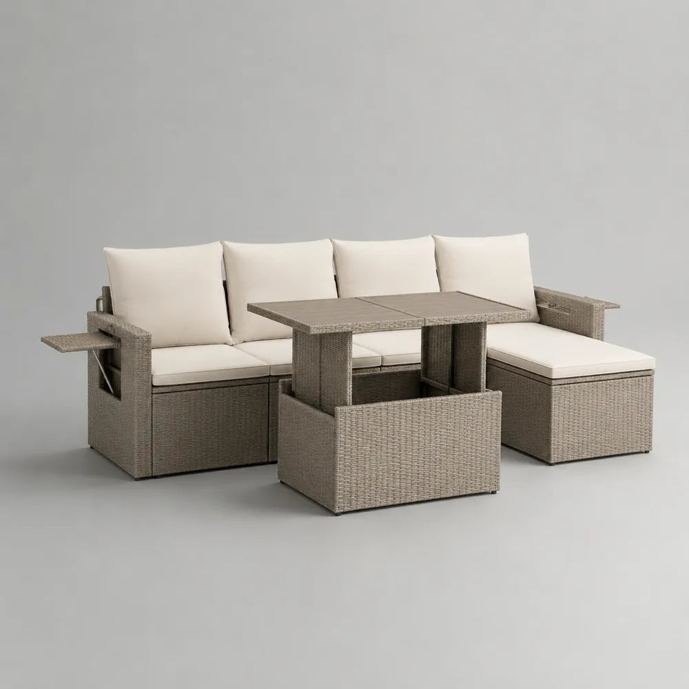 Divano da giardino modulare in rattan PE 3 posti con chaise longue destra e tavolo rialzato contenitore beige tortora 210x140x75 cm