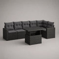 Divano da giardino angolare 250x200x75 cm rattan PE grigio scuro con cuscini e tavolino in legno struttura in alluminio