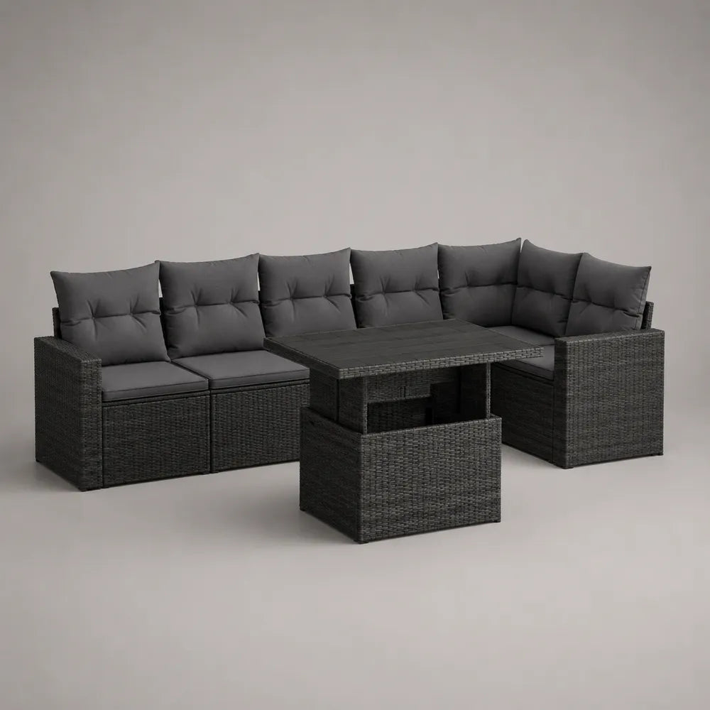 Divano da giardino angolare 250x200x75 cm rattan PE grigio scuro con cuscini e tavolino in legno struttura in alluminio