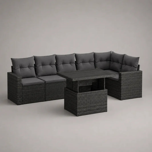 Divano da giardino angolare 250x200x75 cm rattan PE grigio scuro con cuscini e tavolino in legno struttura in alluminio