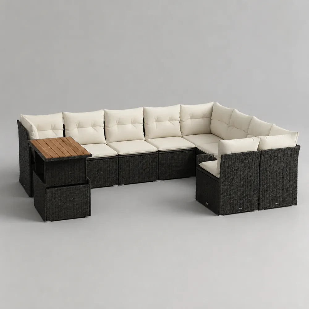 Divano da giardino modulare angolare in rattan PE con cuscini beige e tavolino laterale in legno 270 x 200 x 75 cm