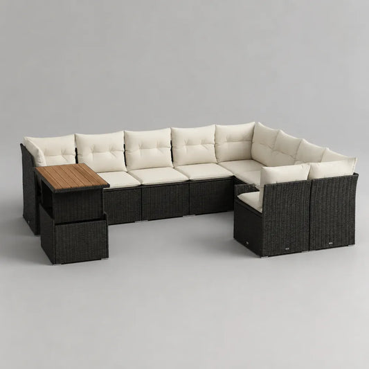 Divano da giardino modulare angolare in rattan PE con cuscini beige e tavolino laterale in legno 270 x 200 x 75 cm