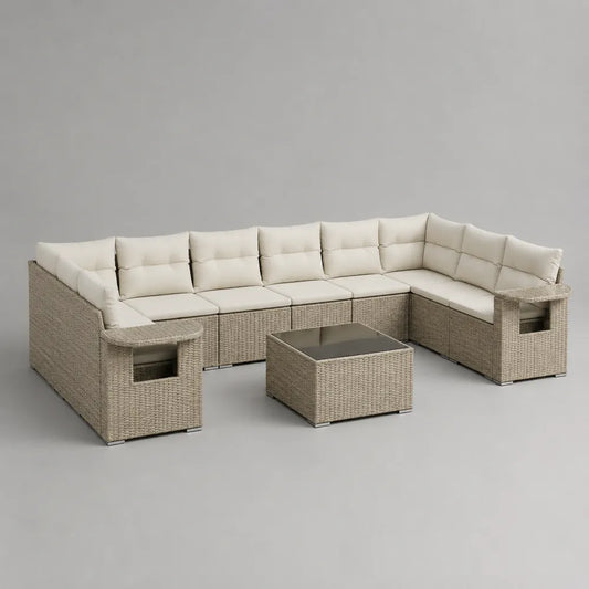 Divano da giardino angolare 260x200x75 cm rattan PE beige con cuscini e tavolino vetro struttura in alluminio