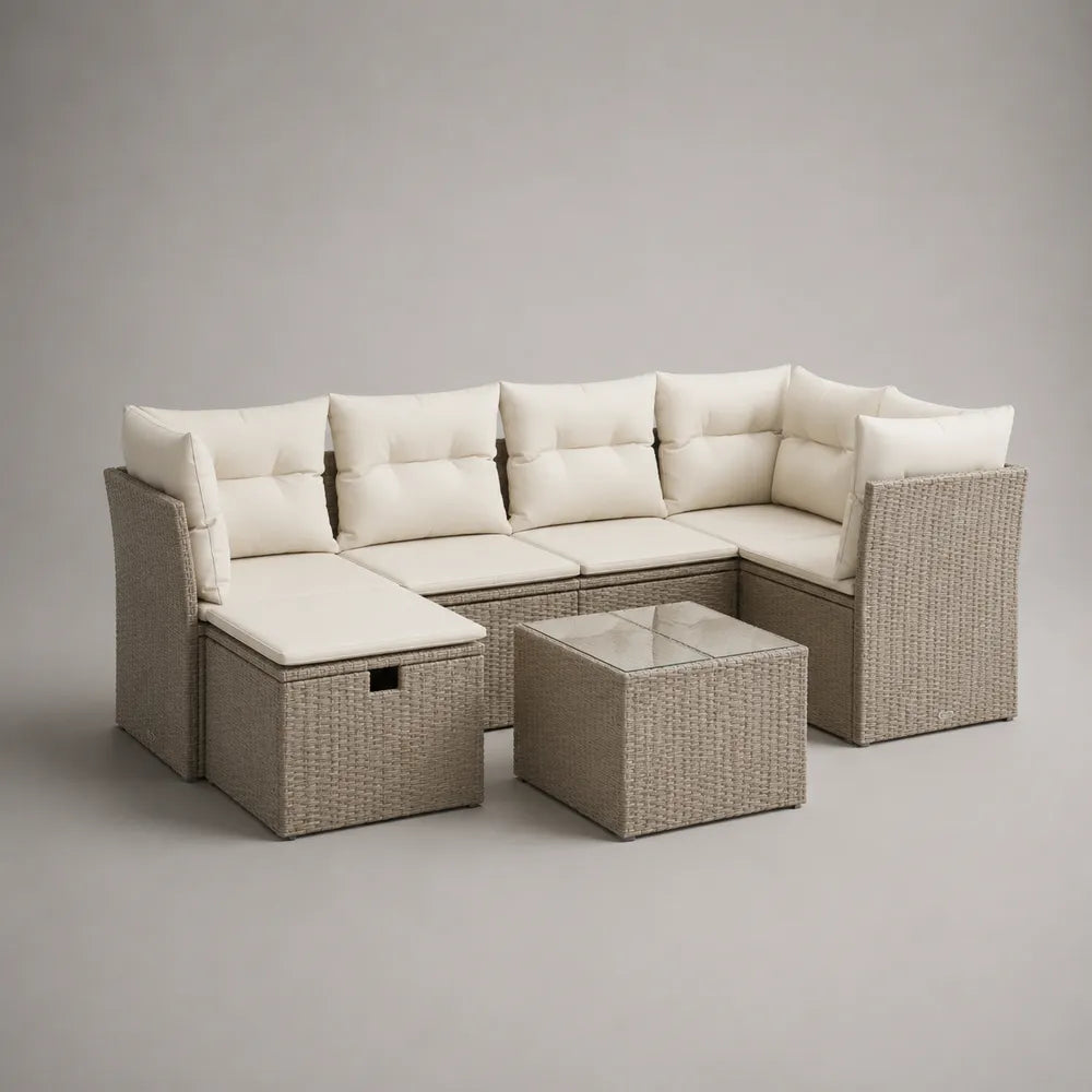 Divano da giardino angolare in rattan PE con struttura in alluminio verniciato tavolino in vetro temperato beige avorio 200x150x75 cm
