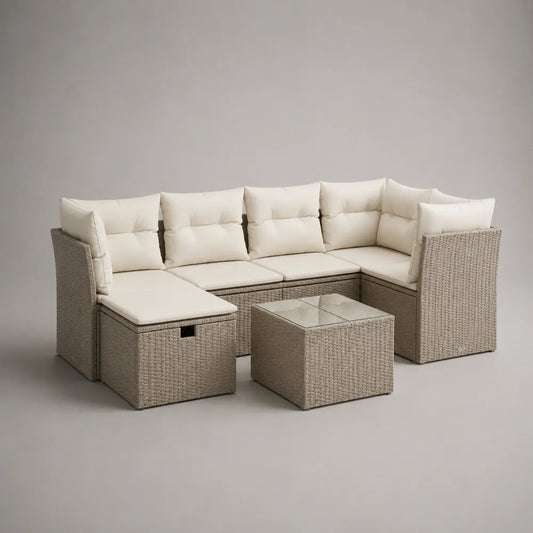 Divano da giardino angolare in rattan PE con struttura in alluminio verniciato tavolino in vetro temperato beige avorio 200x150x75 cm