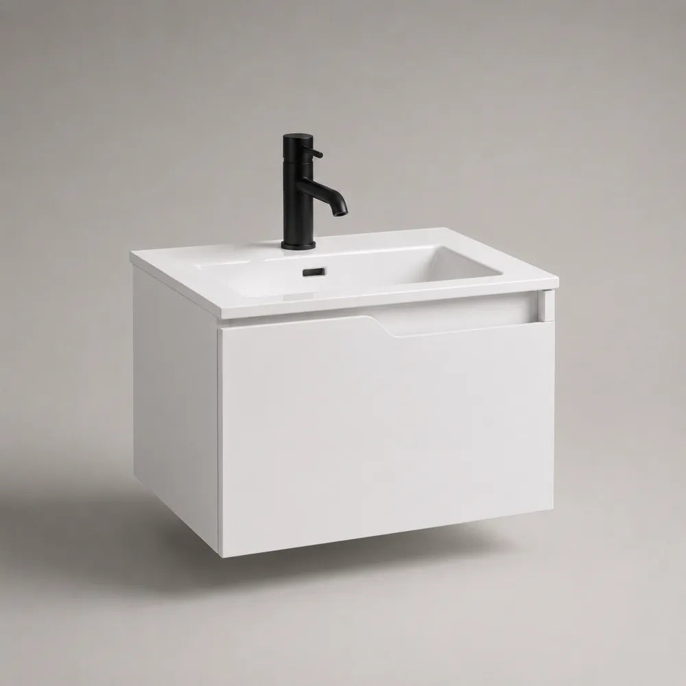 Mobile sottolavabo bagno rettangolare in MDF laccato bianco con lavabo in ceramica e miscelatore nero 60 x 40 x 40 cm