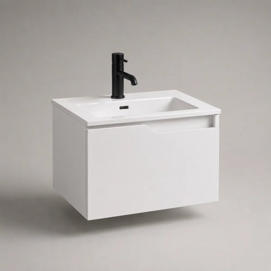 Mobile sottolavabo bagno rettangolare in MDF laccato bianco con lavabo in ceramica e miscelatore nero 60 x 40 x 40 cm