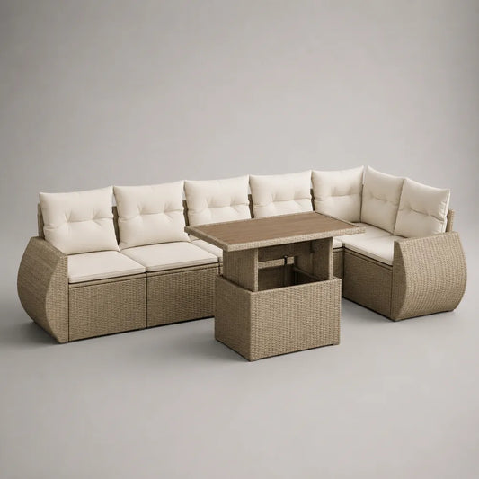 Divano da giardino angolare 240x200x75 cm rattan PE beige con tavolino rialzabile in legno struttura in alluminio