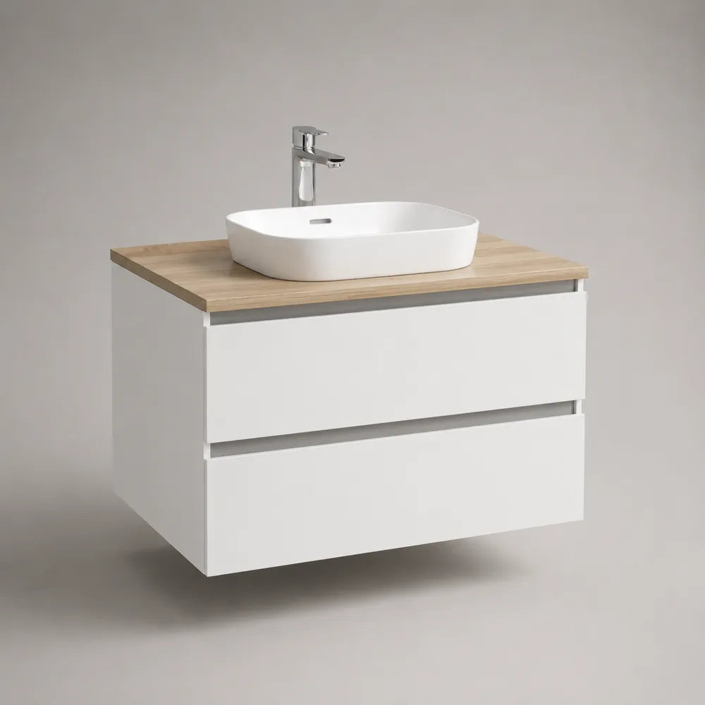 Mobile bagno sospeso sottolavabo in MDF bianco con piano effetto rovere e lavabo in ceramica 60 cm x 40 cm x 50 cm con doppio cassetto