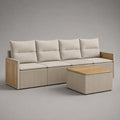 Divano da giardino 240x80x75 cm in rattan PE beige con cuscini crema e tavolino in legno struttura in alluminio