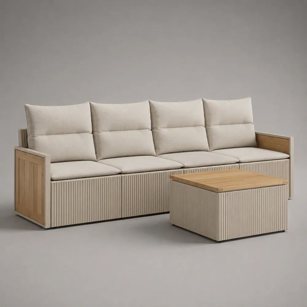 Divano da giardino 240x80x75 cm in rattan PE beige con cuscini crema e tavolino in legno struttura in alluminio