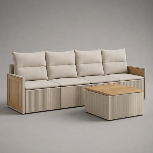 Divano da giardino 240x80x75 cm in rattan PE beige con cuscini crema e tavolino in legno struttura in alluminio