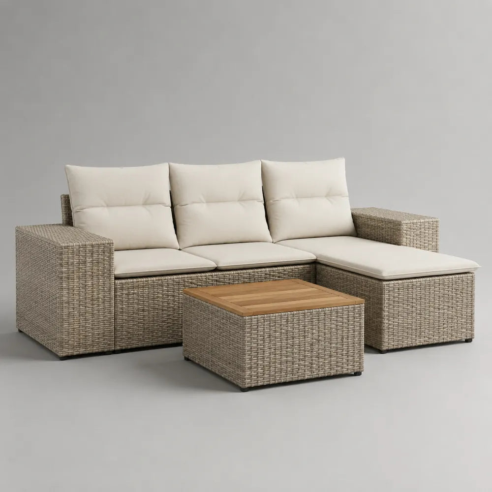 Divano da giardino angolare in rattan PE con chaise longue destra tavolino in legno naturale e struttura intrecciata beige grigio 220x150x75 cm