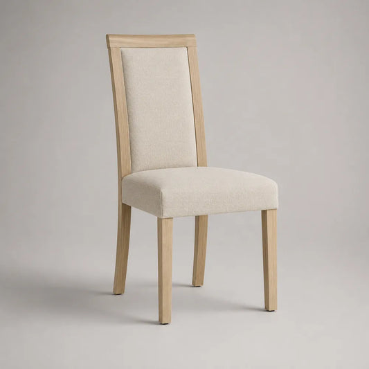 Sedia da pranzo con schienale imbottito in tessuto poliestere beige e struttura in legno massello di faggio finitura naturale 48 x 54 x 84 cm