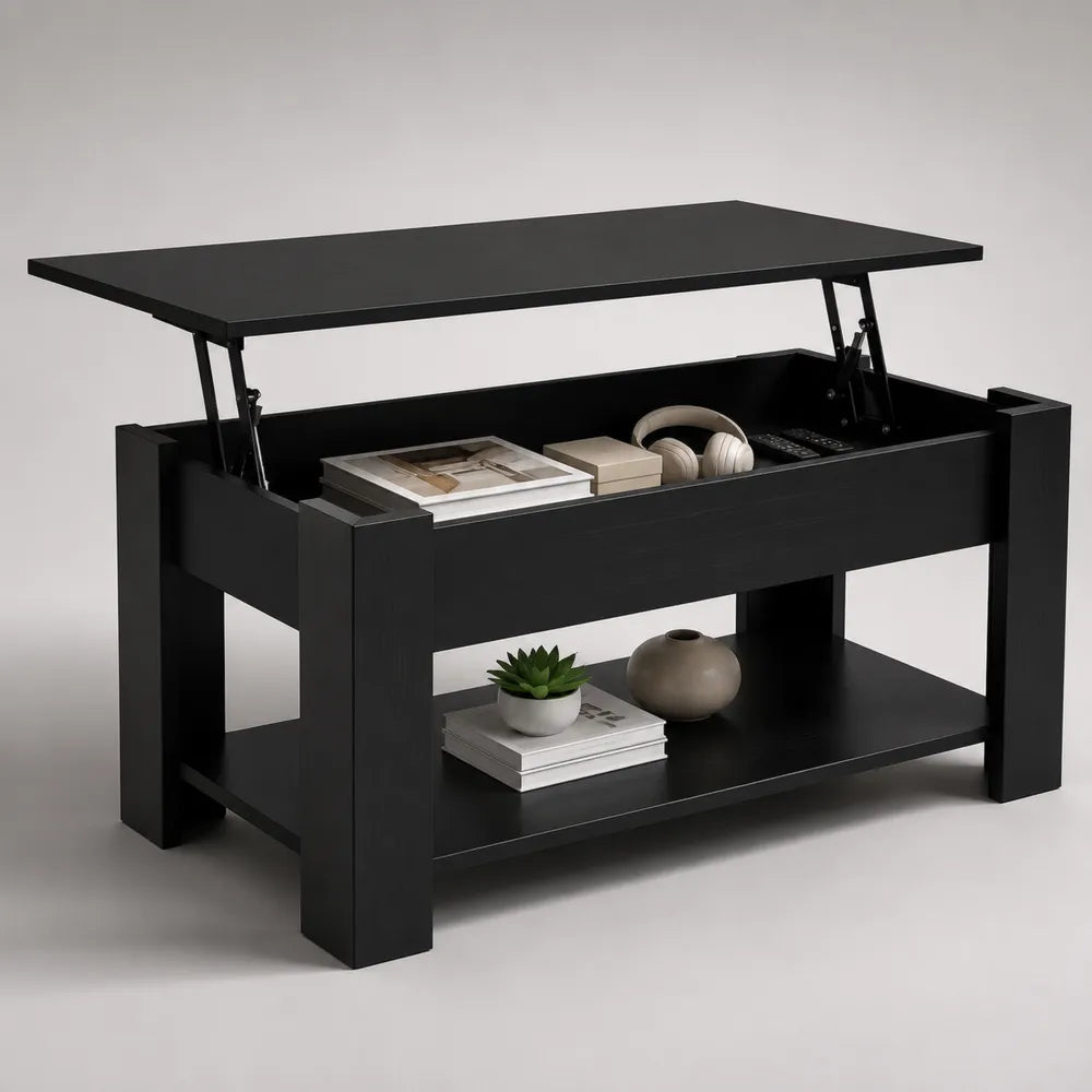 Tavolino da caffè rettangolare con piano sollevabile in MDF melaminico nero con vano contenitore e ripiano inferiore 100 x 55 x 45 cm