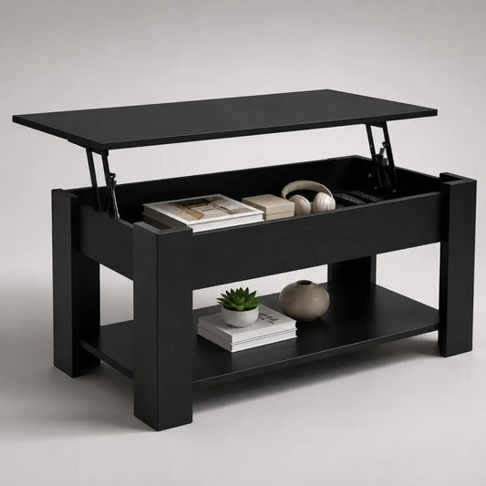 Tavolino da caffè rettangolare con piano sollevabile in MDF melaminico nero con vano contenitore e ripiano inferiore 100 x 55 x 45 cm