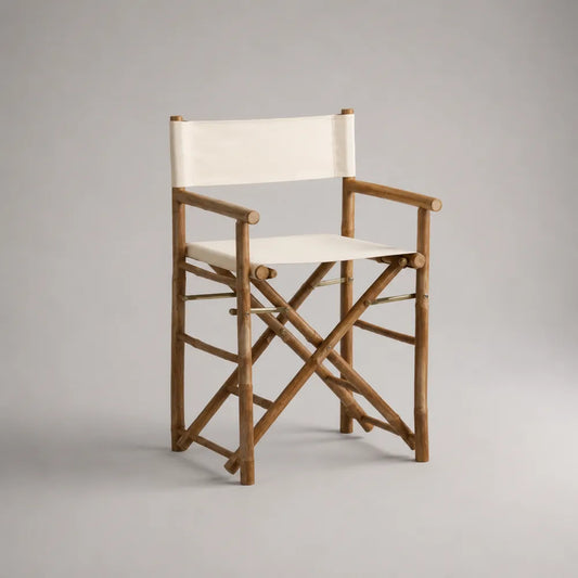 Sedia da regista pieghevole in legno di bambù con seduta e schienale in tessuto poliestere beige 55 x 50 x 85 cm