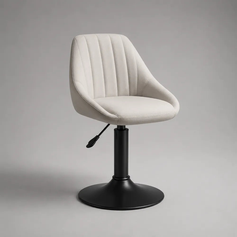 Sedia da pranzo girevole imbottita in tessuto poliestere beige crema con base rotonda in acciaio nero regolabile 57 x 60 x 80-94 cm