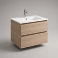 Mobile bagno sospeso sottolavabo in MDF effetto rovere naturale con lavabo in ceramica bianca e miscelatore cromato 80 cm x 46 cm x 55 cm con doppio cassetto