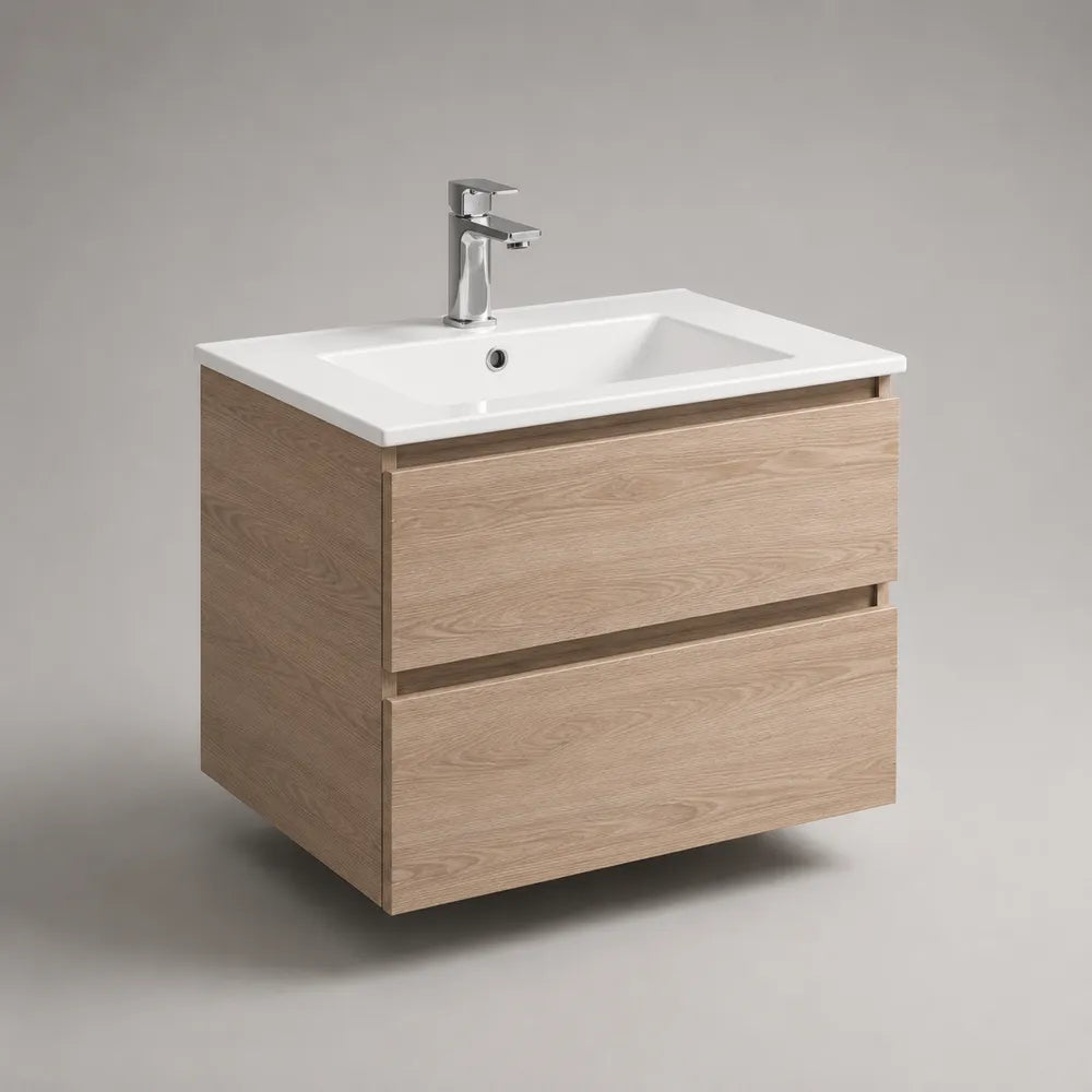 Mobile bagno sospeso sottolavabo in MDF effetto rovere naturale con lavabo in ceramica bianca e miscelatore cromato 80 cm x 46 cm x 55 cm con doppio cassetto
