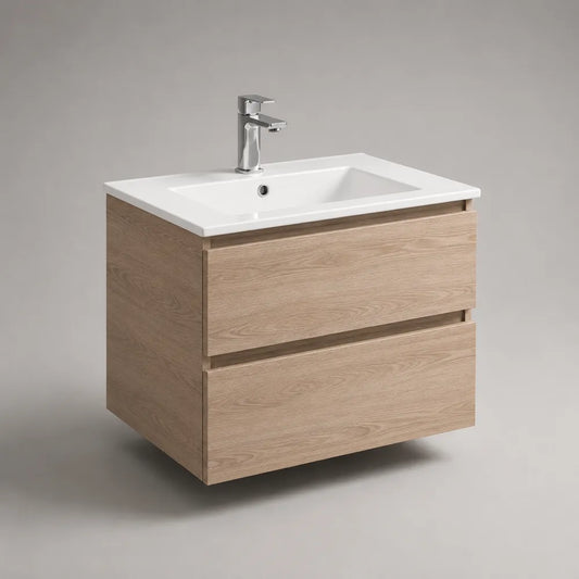Mobile bagno sospeso sottolavabo in MDF effetto rovere naturale con lavabo in ceramica bianca e miscelatore cromato 80 cm x 46 cm x 55 cm con doppio cassetto