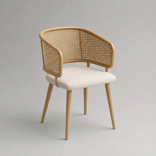 Sedia da pranzo con schienale in rattan naturale e braccioli integrati seduta imbottita in tessuto beige struttura in legno massello naturale 55 x 58 x 82 cm