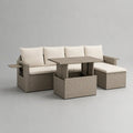 Divano da giardino modulare in rattan PE 3 posti con chaise longue destra e tavolo rialzato contenitore beige tortora 210x140x75 cm