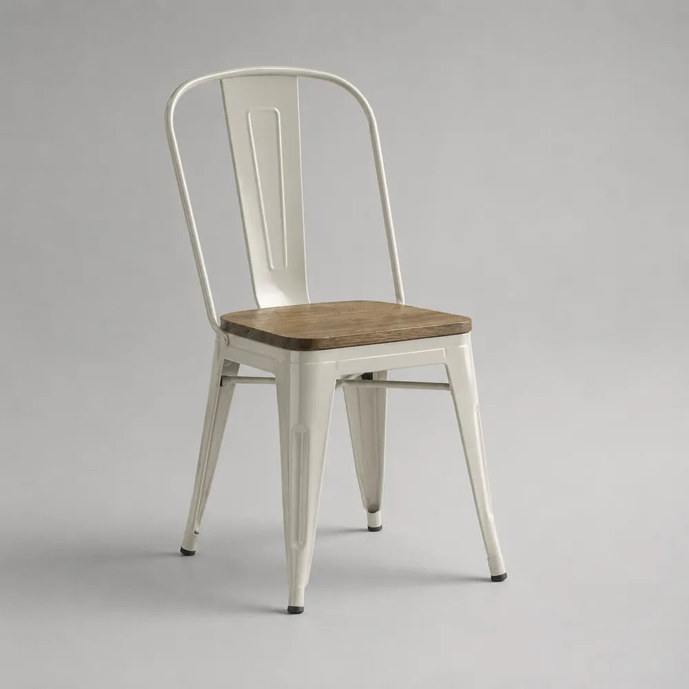 Sedia da pranzo in metallo verniciato bianco con seduta in legno massello stile industriale 45 x 50 x 85 cm