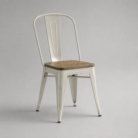 Sedia da pranzo in metallo verniciato bianco con seduta in legno massello stile industriale 45 x 50 x 85 cm