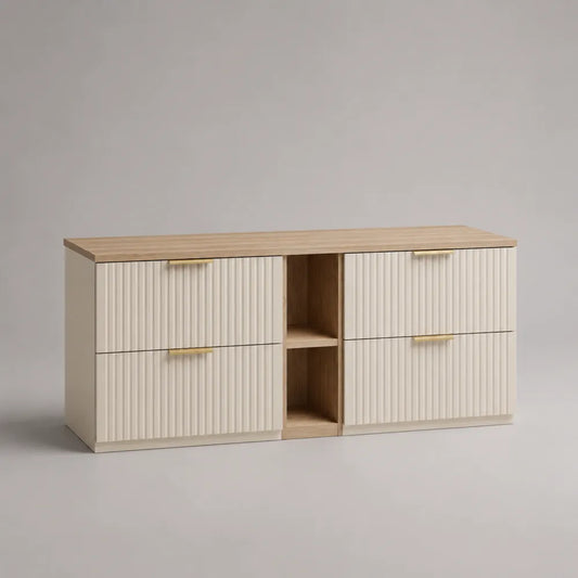 Mobile bagno a terra in MDF con piano effetto rovere naturale cassetti scanalati e vano centrale aperto 140 cm x 45 cm x 60 cm