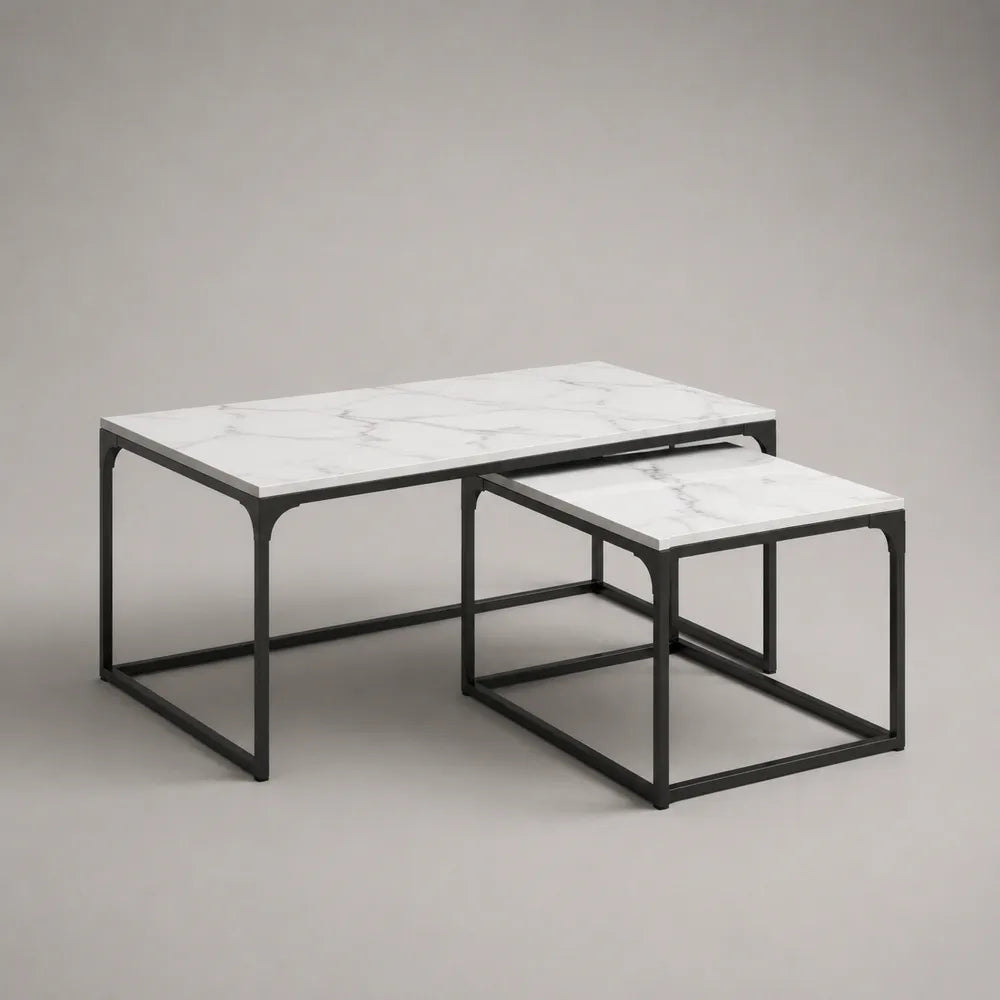 Set di 2 tavolini da caffè rettangolari impilabili con piano effetto marmo MDF laminato HPL e struttura in acciaio nero 100 x 50 x 45 cm 55 x 45 x 38 cm