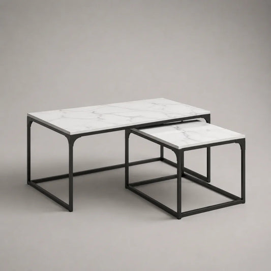 Set di 2 tavolini da caffè rettangolari impilabili con piano effetto marmo MDF laminato HPL e struttura in acciaio nero 100 x 50 x 45 cm 55 x 45 x 38 cm