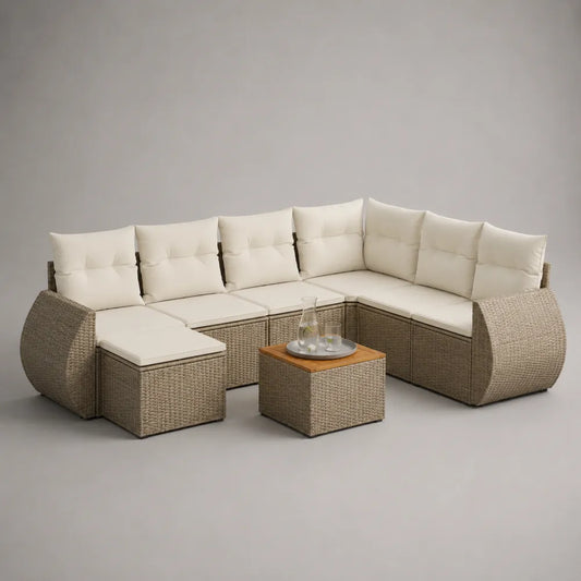 Divano da giardino angolare modulare in rattan PE con tavolo contenitore sollevabile piano in legno e vassoio in vetro beige tortora 250x200x75 cm